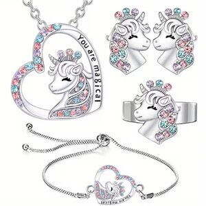 Cute 4pc Set Unicorn Rhinestone Pendant Necklace Bracelet Ring & Earrings Z292